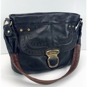 B. MAKOWSKY Black Leather Shoulder Purse Magnetic Close Brown Handled Hobo Bag